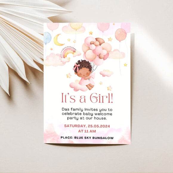 Cloud-Balloon Theme-Welcome-Baby-Girl-Invitation